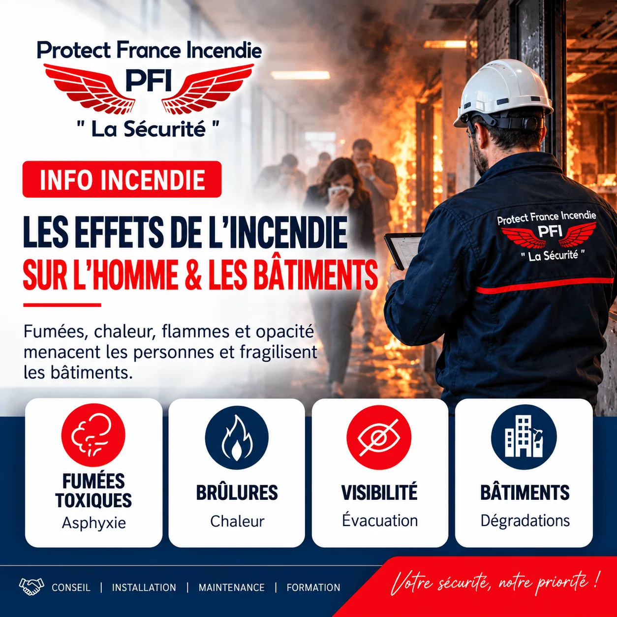 Scène de prévention incendie illustrant les effets des fumées et de la chaleur dans un bâtiment Scène de prévention incendie illustrant les effets des fumées et de la chaleur dans un bâtiment