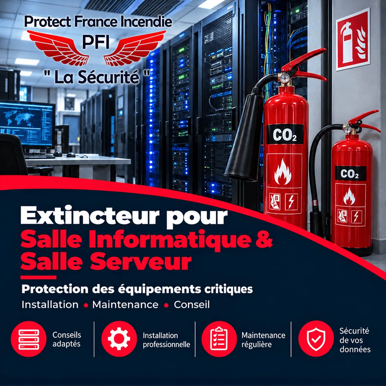 Extincteur CO2 pour salle informatique et salle serveur avec protection incendie PFI Extincteur CO2 pour salle informatique et salle serveur avec protection incendie PFI