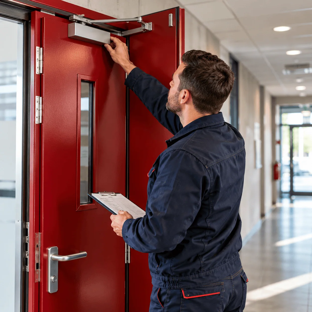 Technicien effectuant la maintenance et le contrôle du ferme-porte d'une porte coupe-feu